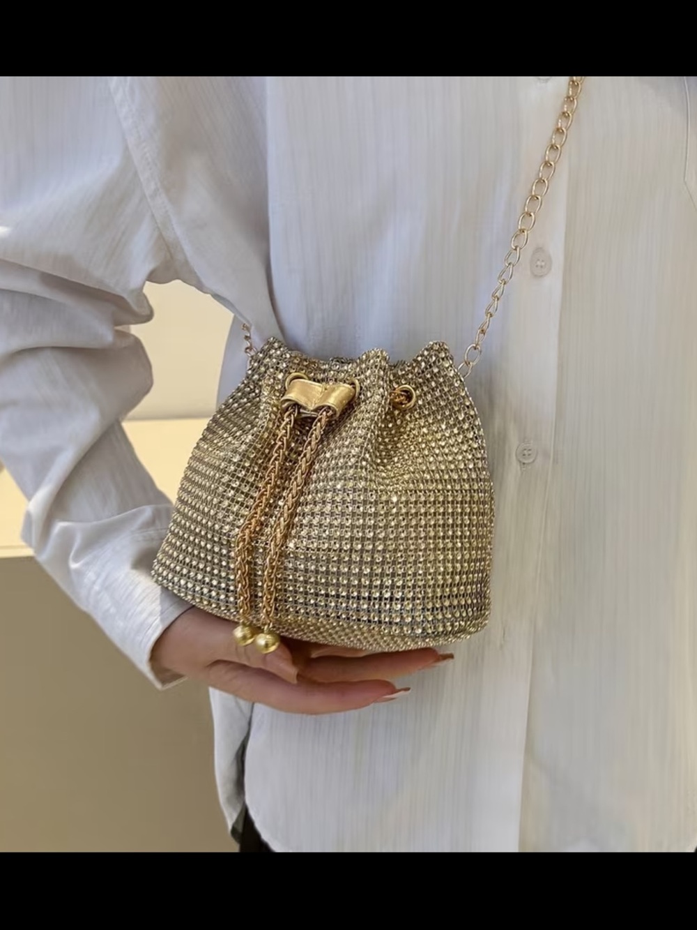 Affordable Fashion Finds Gold Rhinestone Drawstring Mini Bucket Bag